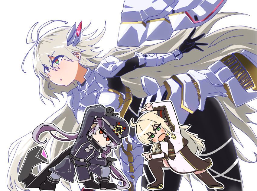 3girls, ahoge, armor, black_coat, black_hat, blonde_hair, coat, dragon_ball