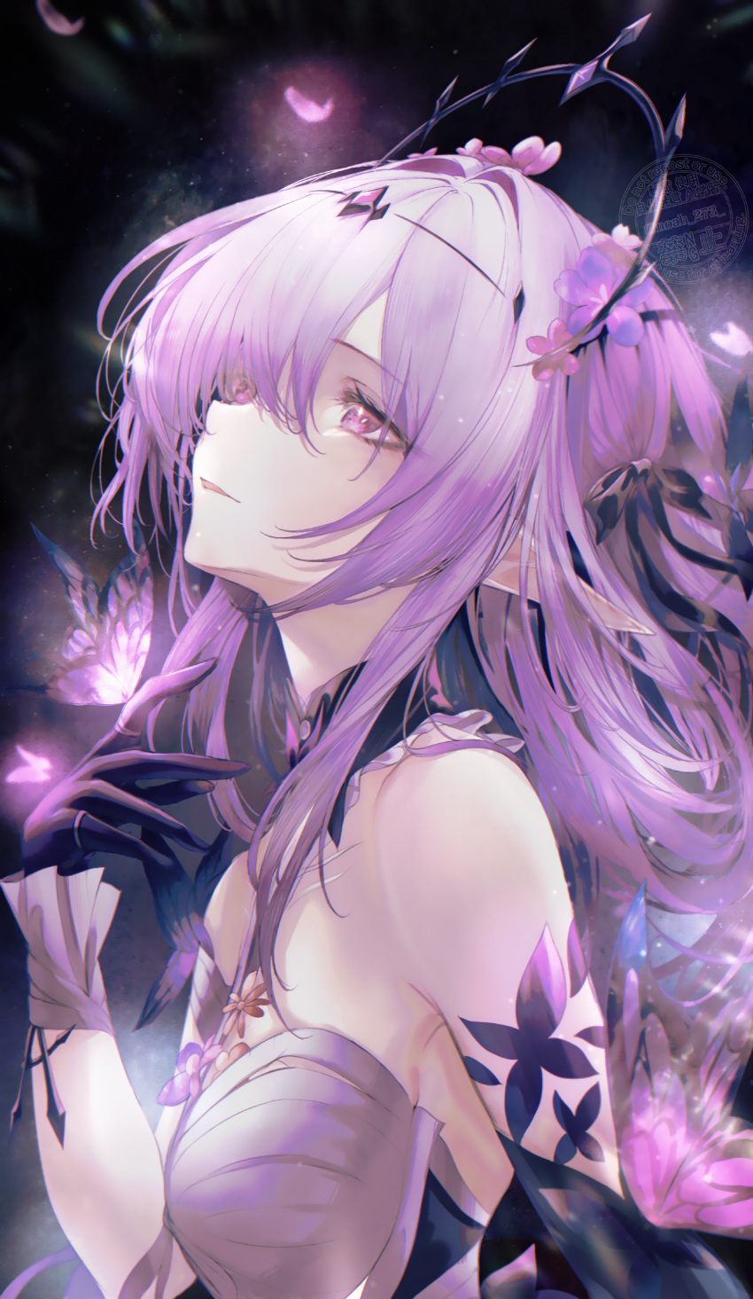 1girl, absurdres, bare_shoulders, black_choker, black_gloves, black_tiara, breasts, bug