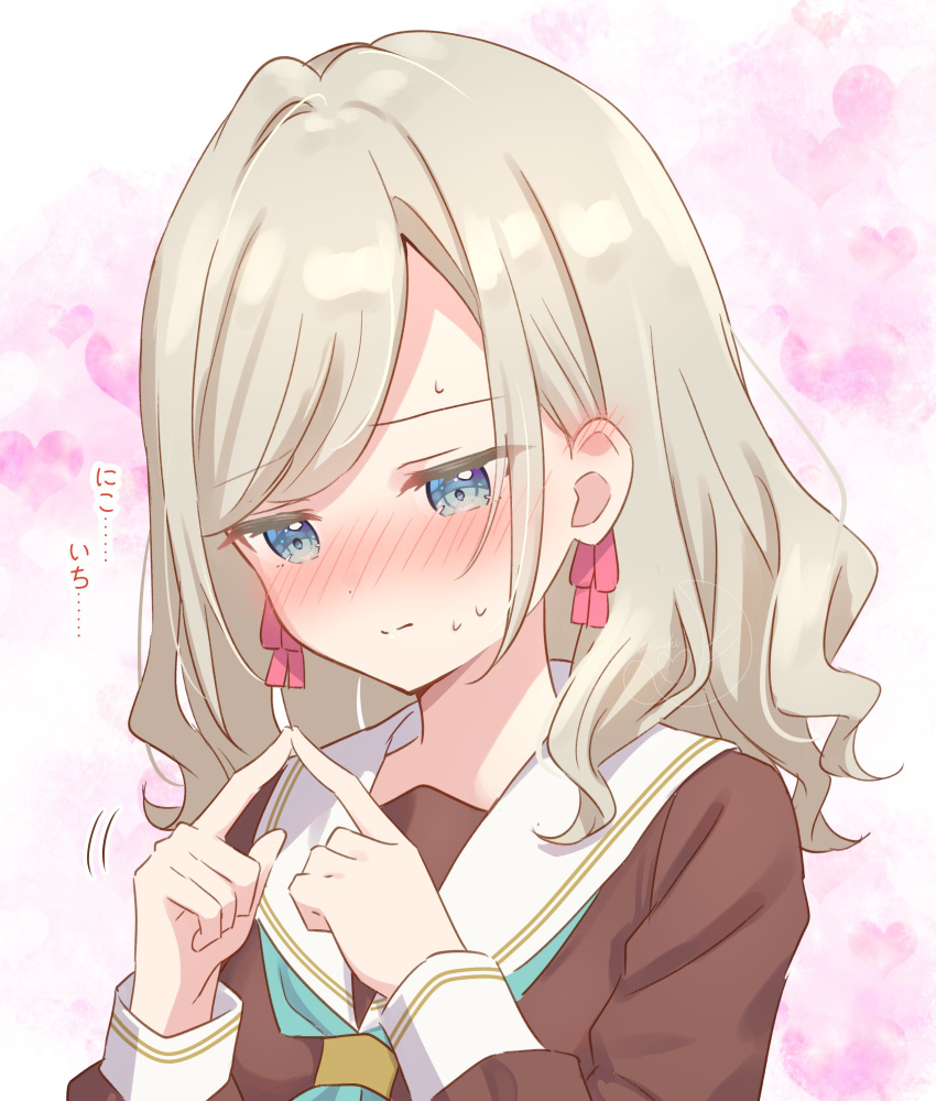 1girl, absurdres, aqua_neckerchief, blue_eyes, blush, brown_dress, ceras_yanagida_lilienfeld, closed_mouth, commentary_request, dress, embarrassed, grey_hair, hair_ribbon, hanazora_satsuki, hasu_no_sora_school_uniform, heart, heart_background, highres, index_fingers_together, light_frown, link!_like!_love_live!, long_hair, long_sleeves, looking_down, love_live!, neckerchief, nervous_sweating, nose_blush, pink_background, pink_ribbon, ribbon, sailor_collar, sailor_dress, school_uniform, solo, split_mouth, sweat, swept_bangs, translation_request, upper_body, virtual_youtuber, wavy_hair, white_sailor_collar, winter_uniform