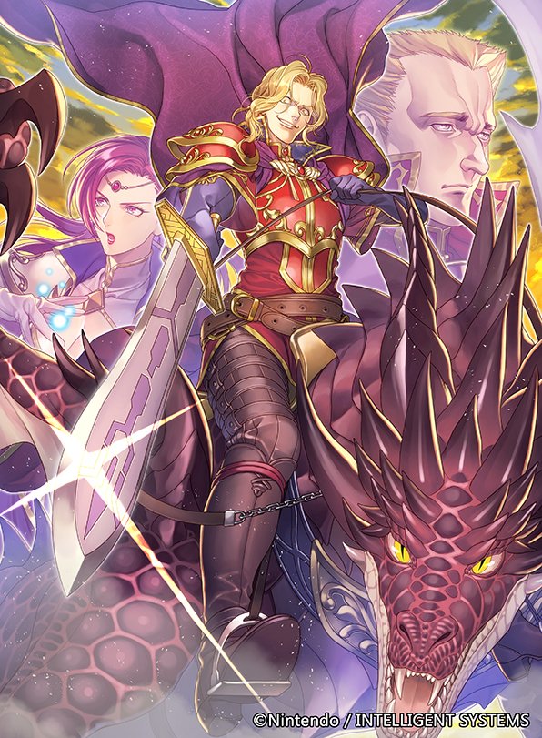 1girl, 2boys, armor, blonde_hair, boots, brunnya_(fire_emblem), cape, commentary_request