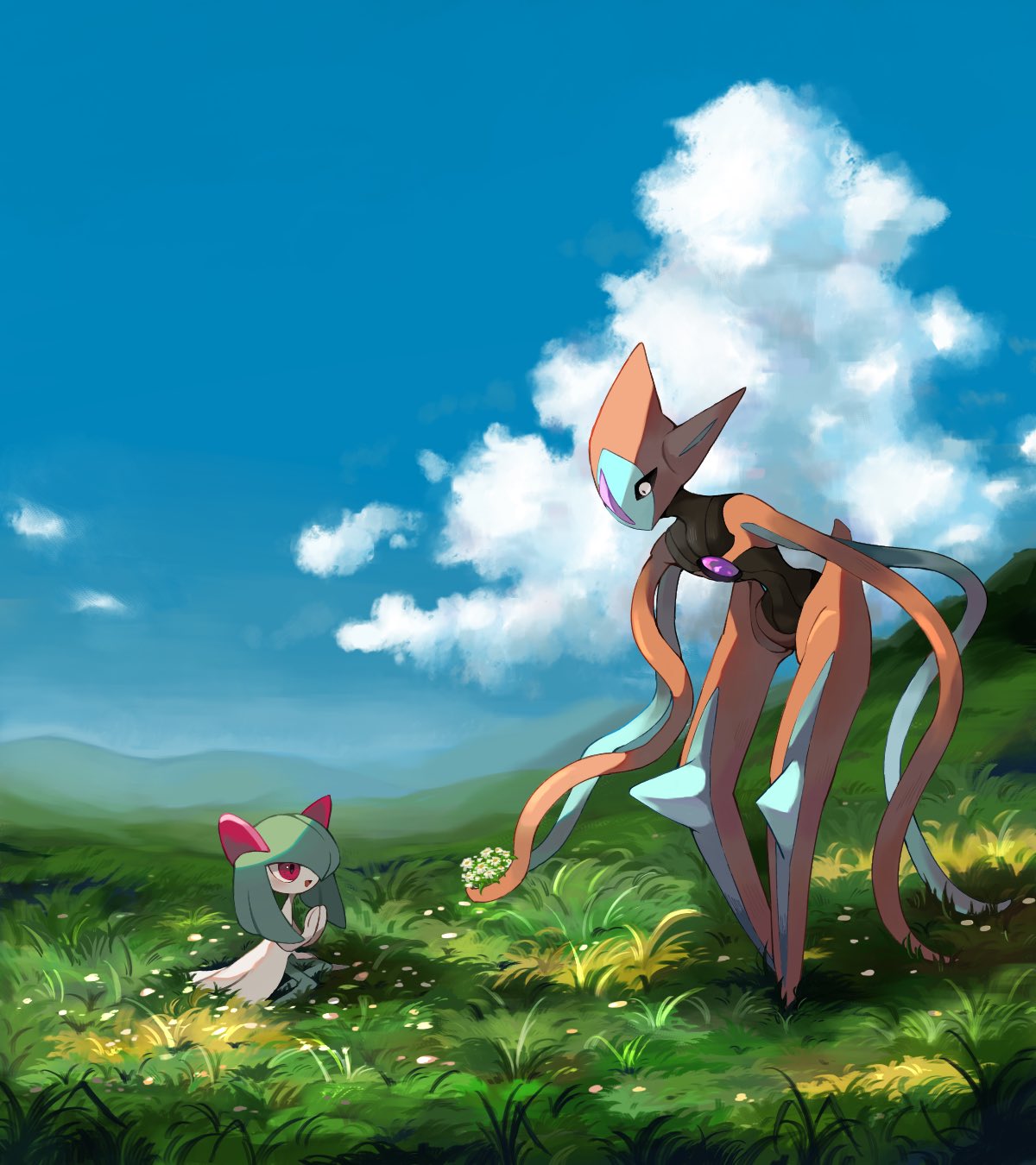 blue_sky, bouquet, clouds, colored_skin, commentary, cumulonimbus_cloud, day, deoxys, deoxys_(attack), flower, full_body, giving, grass, green_hair, green_skin, hair_over_one_eye, highres, holding, holding_bouquet, kirlia, looking_at_another, mmmggom, mountainous_horizon, multicolored_skin, no_humans, one_eye_covered, open_mouth, outdoors, own_hands_together, pokemon, pokemon_(creature), red_eyes, sitting, sky, smile, standing, symbol-only_commentary, tendril, tendril_arm, two-tone_skin, white_flower, white_skin, yokozuwari