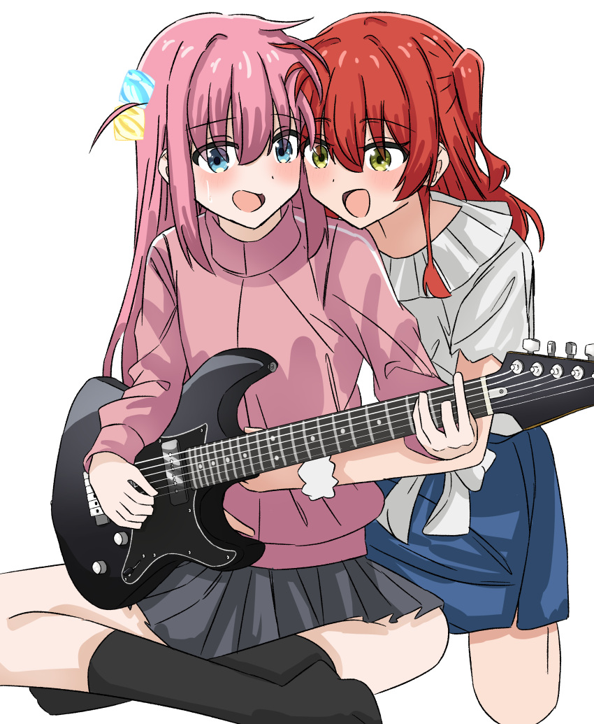 2girls, absurdres, black_skirt, black_socks, blue_eyes, blue_skirt, blush, bocchi_the_rock!