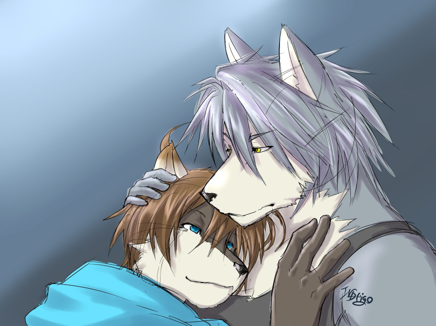 2boys, animal_ears, artist_name, black_tank_top, blue_jacket, brown_fur, brown_hair, closed_mouth