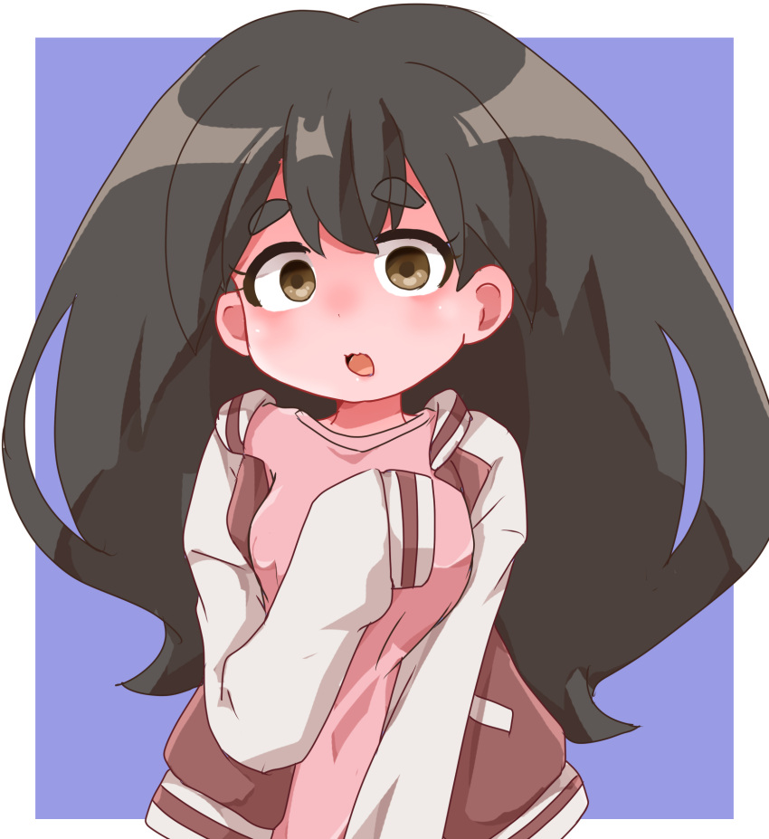 1girl, :o, black_hair, blue_background, brown_eyes, highres, jacket, long_hair