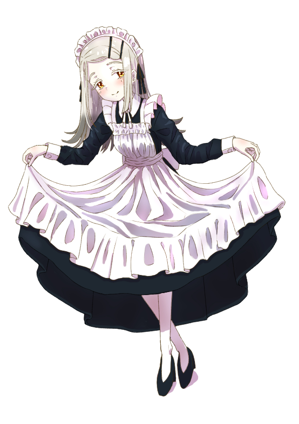 1girl, apron, black_dress, black_shoes, blonde_hair, blush, colored_eyelashes, commentary_request, crossed_ankles, curtsey, dress, flipped_hair, full_body, gakuen_idolmaster, idolmaster, janenbokumeetu, long_hair, long_sleeves, looking_at_viewer, maid_apron, maid_headdress, orange_eyes, shinosawa_hiro, shoes, simple_background, smile, solo, white_apron, white_background