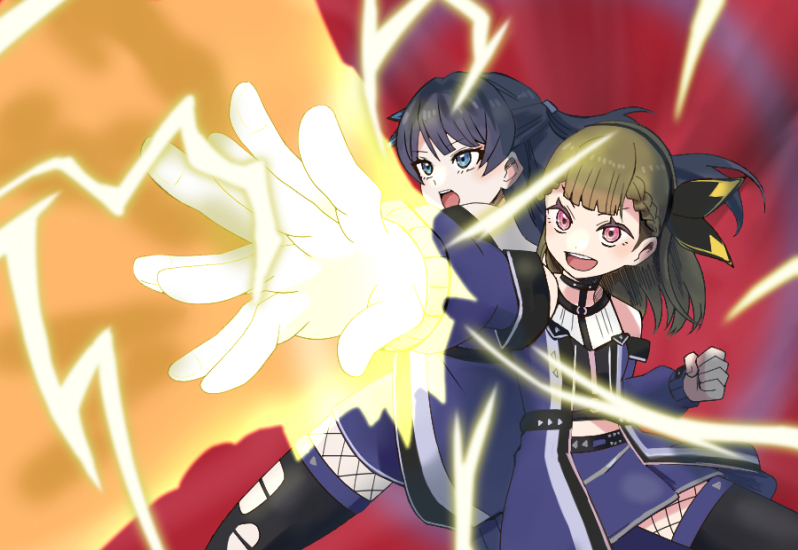2girls, :d, ampere_(love_live!), attack, back-to-back, bare_shoulders, black_thighhighs, blue_coat
