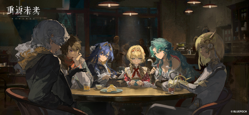1boy, 5girls, apron, bare_shoulders, black_dress, black_gloves, black_jacket, blonde_hair