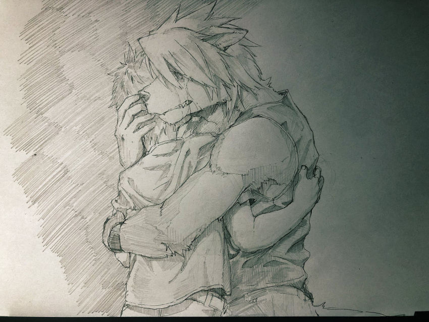 2boys, animal_ears, biceps, clenched_teeth, commentary_request, crying, dog_boy, dog_ears