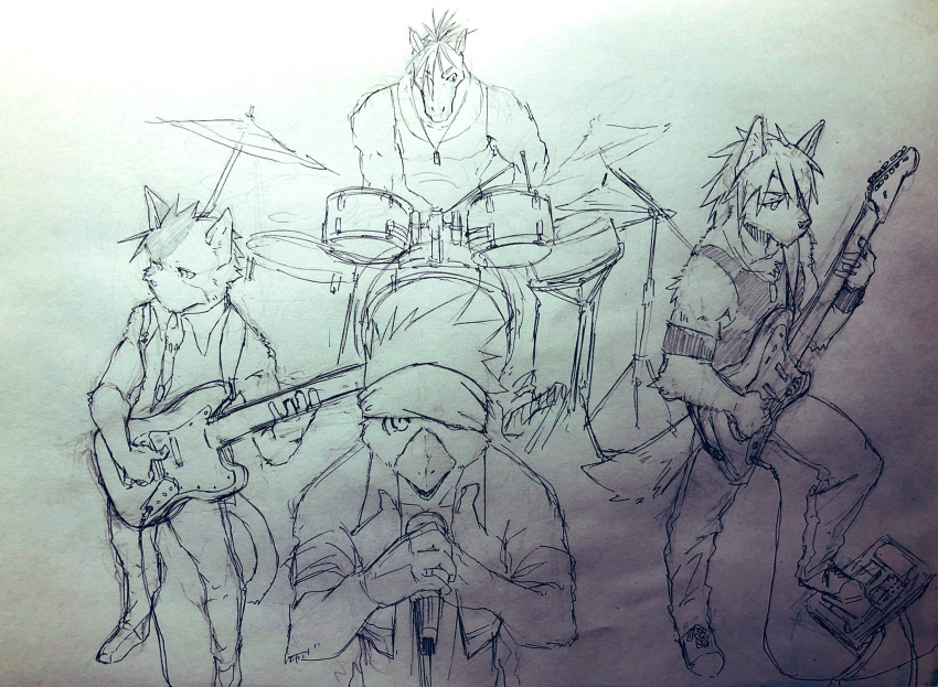 4boys, animal_ears, armband, bass_guitar, beak, bird_boy, cat_boy, cat_ears