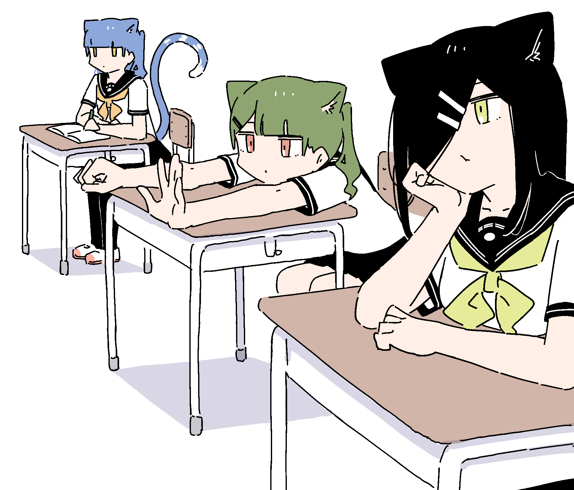 3girls, animal_ears, animated, animated_gif, black_hair, blue_eyes, cat_ears, cat_girl