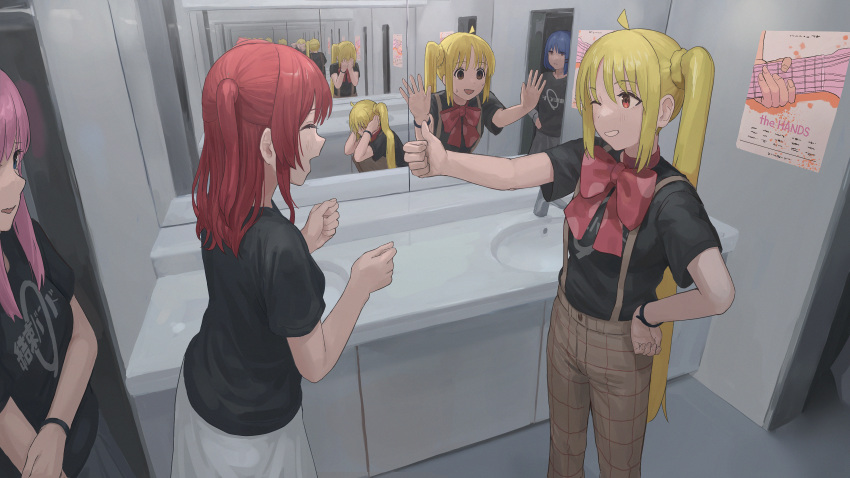 4girls, absurdres, ahoge, bathroom, black_shirt, blonde_hair, blue_hair, blush