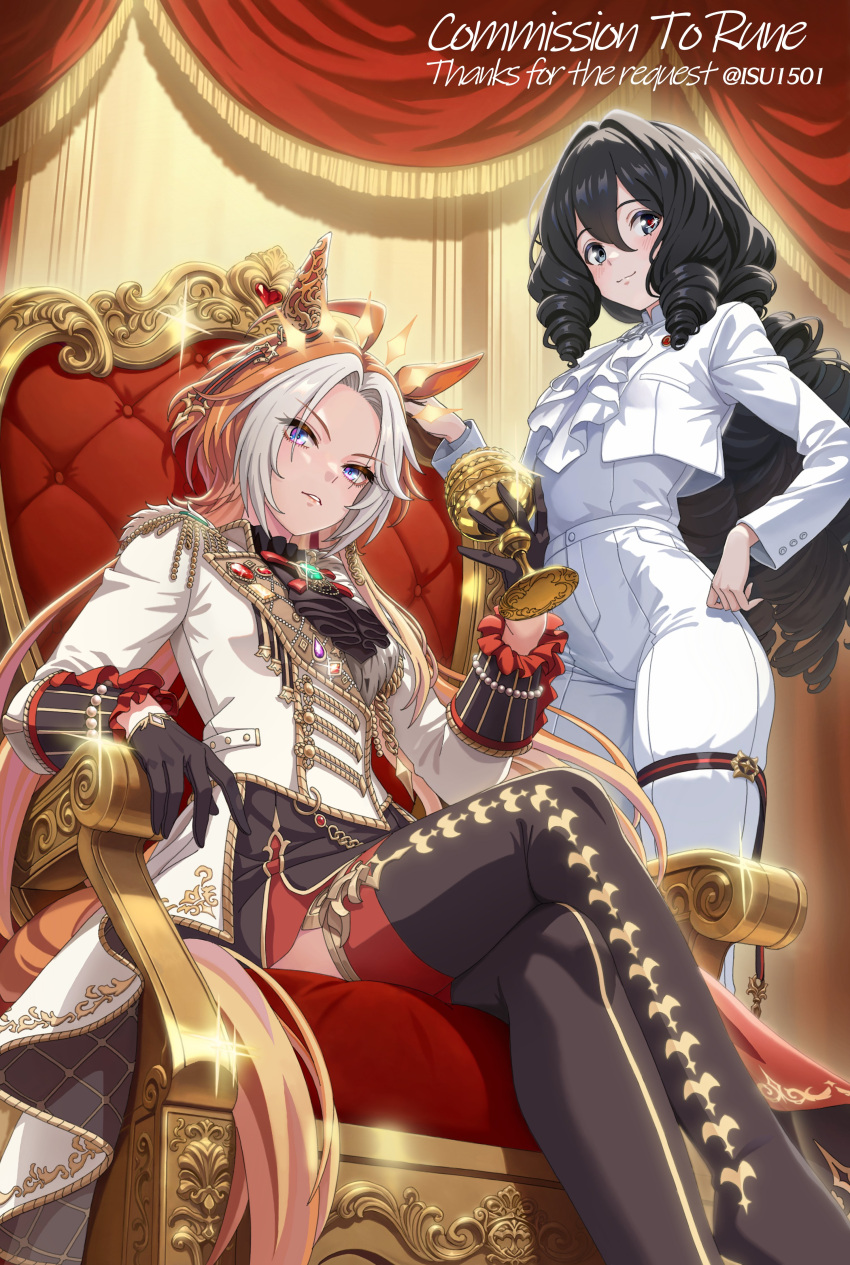 2girls, absurdres, ahoge, animal_ears, ascot, black_gloves, black_hair, black_thighhighs