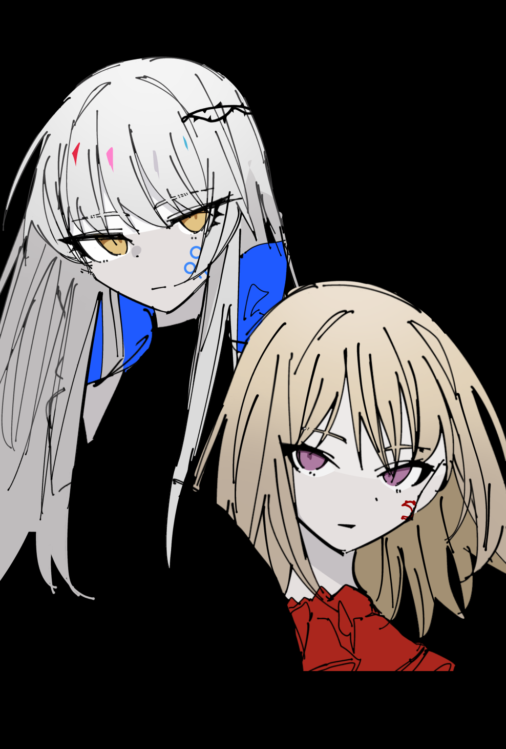 2girls, aver_(yumenokessho), bang_dream!, bang_dream!_it's_mygo!!!!!, black_background, black_capelet, black_dress, blonde_hair