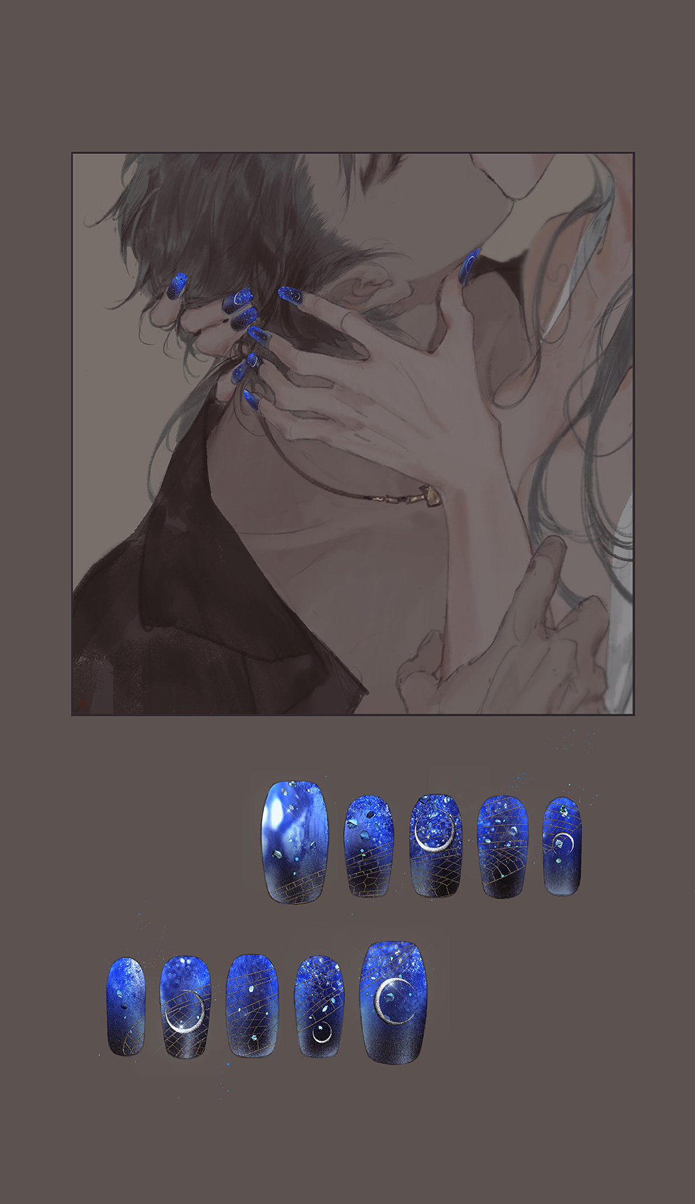 1boy, 1girl, bei_luo_(gujian_qitan), black_hair, black_nails, blue_nails, brown_background, brown_theme