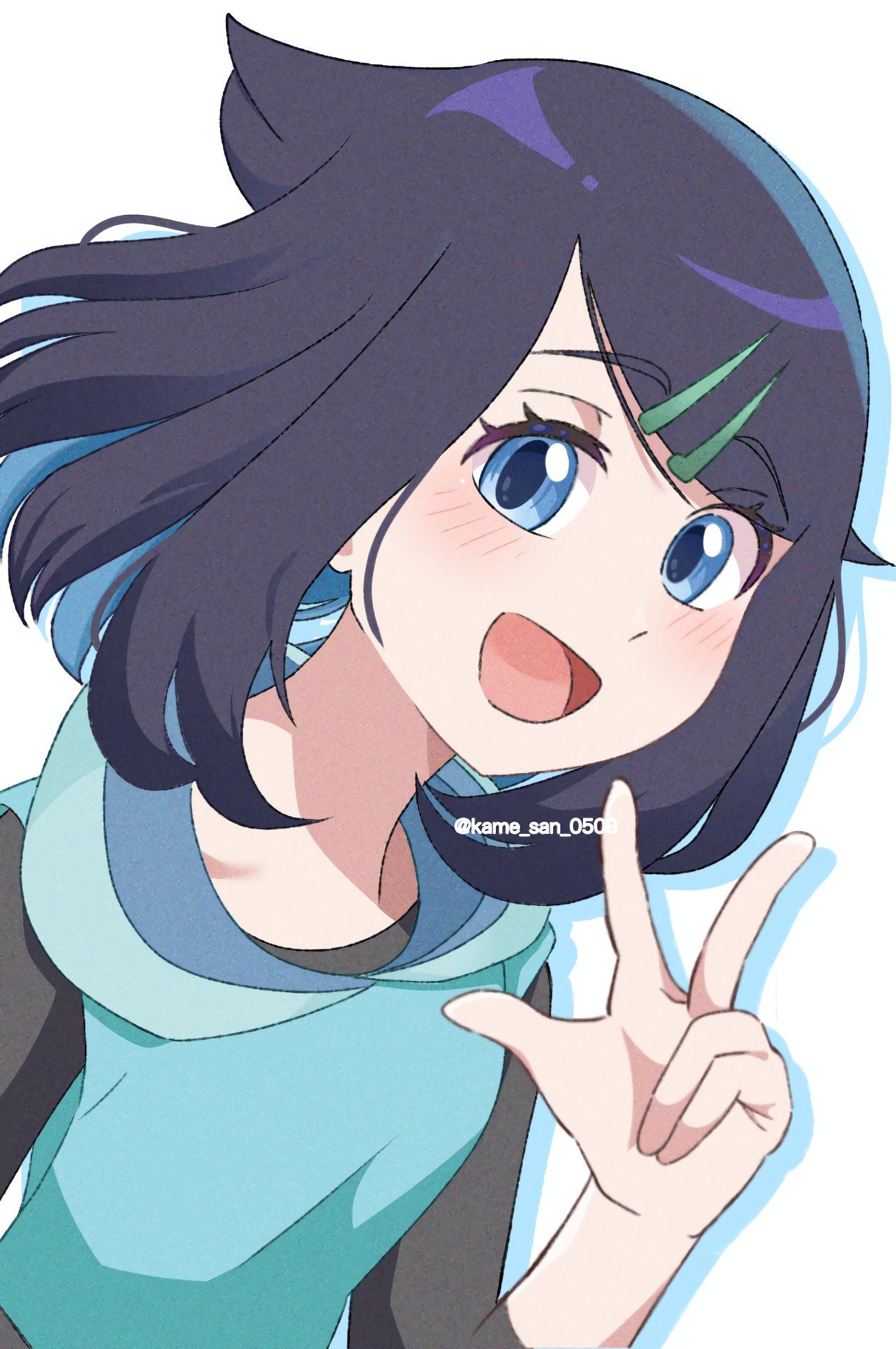 1girl, :d, black_hair, blue_eyes, blue_hair, colored_inner_hair, hair_ornament, hairclip