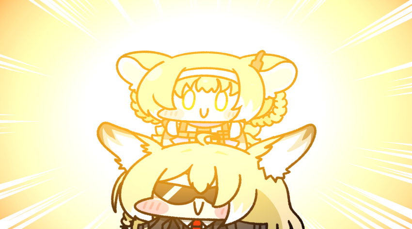 2girls, animal_ears, arknights, blonde_hair, ca-ma, chibi, fox_ears, fox_girl