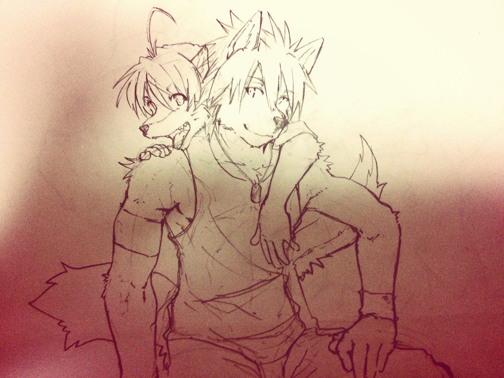 2boys, ahoge, animal_ear_fluff, animal_ears, arm_around_shoulder, closed_eyes, commentary_request, dog_boy, dog_ears, dog_nose, dog_tags, dog_tail, furry, furry_male, indeigo15, jewelry, kouya_aotsuki, looking_at_another, male_focus, morenatsu, multiple_boys, necklace, one_eye_closed, open_mouth, pen_(medium), shun_kodori, smile, tail, tank_top, traditional_media, wolf_boy, wolf_ears, wolf_tail