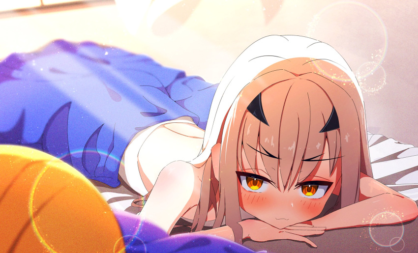 1girl, bare_arms, bare_shoulders, bed, bed_sheet, bedroom, blush, breasts, crossed_arms, fate/grand_order, fate_(series), flat_chest, forked_eyebrows, hair_between_eyes, highres, indoors, loli, long_hair, looking_at_viewer, lumine0_0, lying, melusine_(fate), on_bed, on_stomach, solo, sunlight, under_covers, white_hair, yellow_eyes