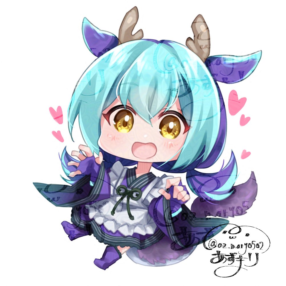 1girl, az_(colorb05), blue_hair, blue_kimono, blue_tail, chibi, dragon_girl, dragon_horns
