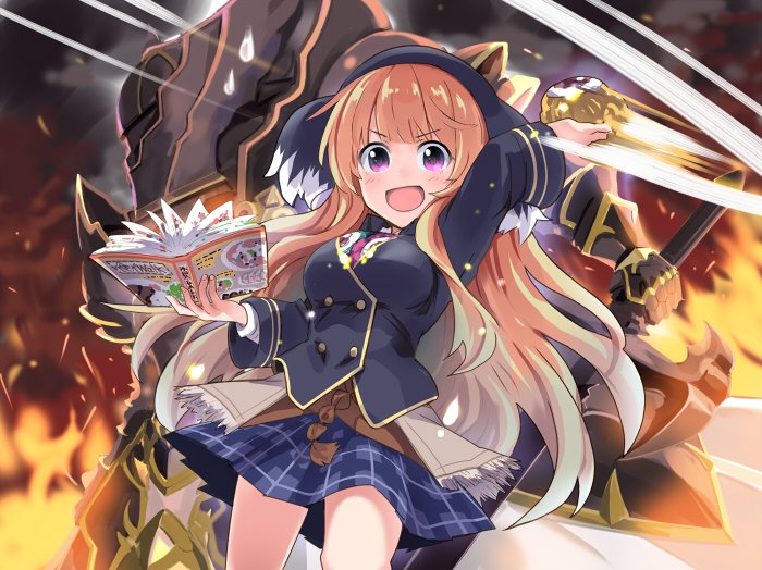 2girls, armor, black_armor, blue_jacket, blue_skirt, book, breasts, buttons