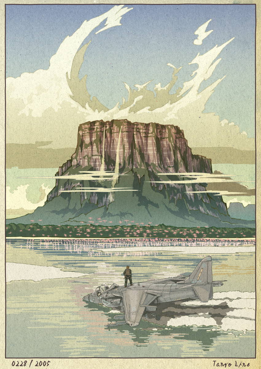 1boy, ace_combat, ace_combat_04, aircraft, airplane, border, clouds, commentary_request, day, english_text, fighter_jet, hawker_harrier, highres, military_vehicle, mountain, nihonga, outdoors, scenery, standing, ukiyo-e, water, yuukou
