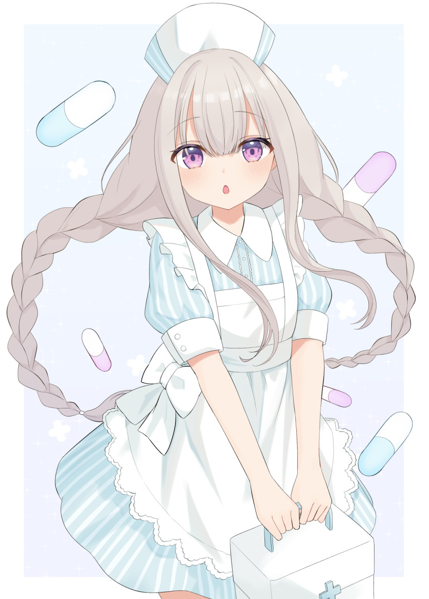 1girl, :o, apron, blue_dress, box, braid, cowboy_shot, dress, first_aid_kit, frilled_apron, frills, furutori, grey_hair, hair_between_eyes, hat, highres, holding, holding_box, holding_first_aid_kit, long_hair, looking_at_viewer, low_twintails, nurse_cap, open_mouth, original, pill_background, pill_print, short_sleeves, solo, striped_clothes, striped_dress, twin_braids, twintails, vertical-striped_clothes, vertical-striped_dress, very_long_hair, violet_eyes, white_apron