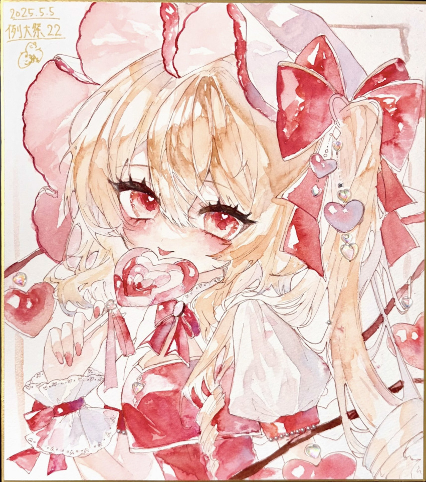 1girl, blonde_hair, candy, commentary_request, crystal_wings, flandre_scarlet, food, hat