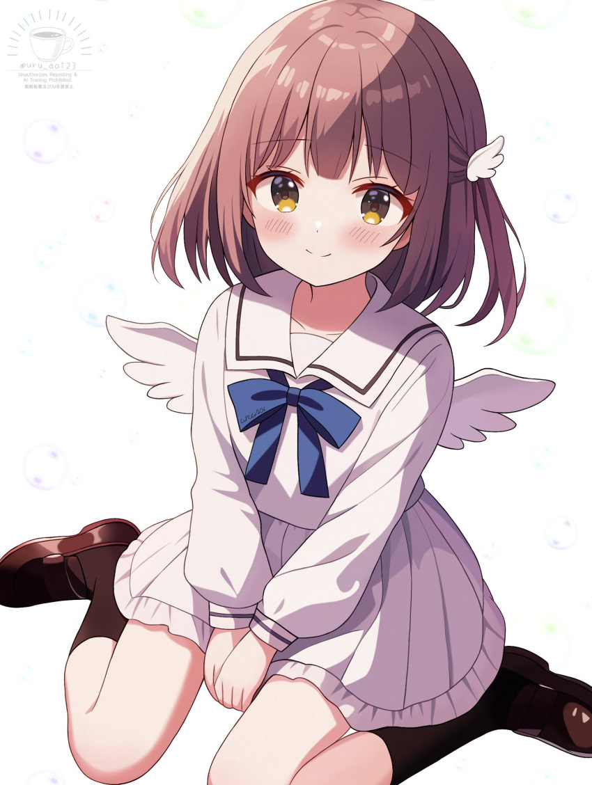 1girl, angel, angel_wings, arms_between_legs, black_socks, blue_bow, blue_bowtie, blush