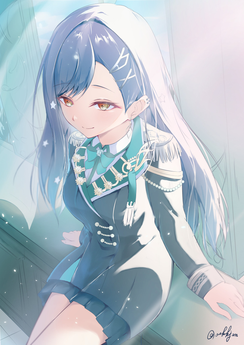 1girl, absurdres, aqua_bow, black_jacket, black_skirt, blue_hair, bow, bowtie