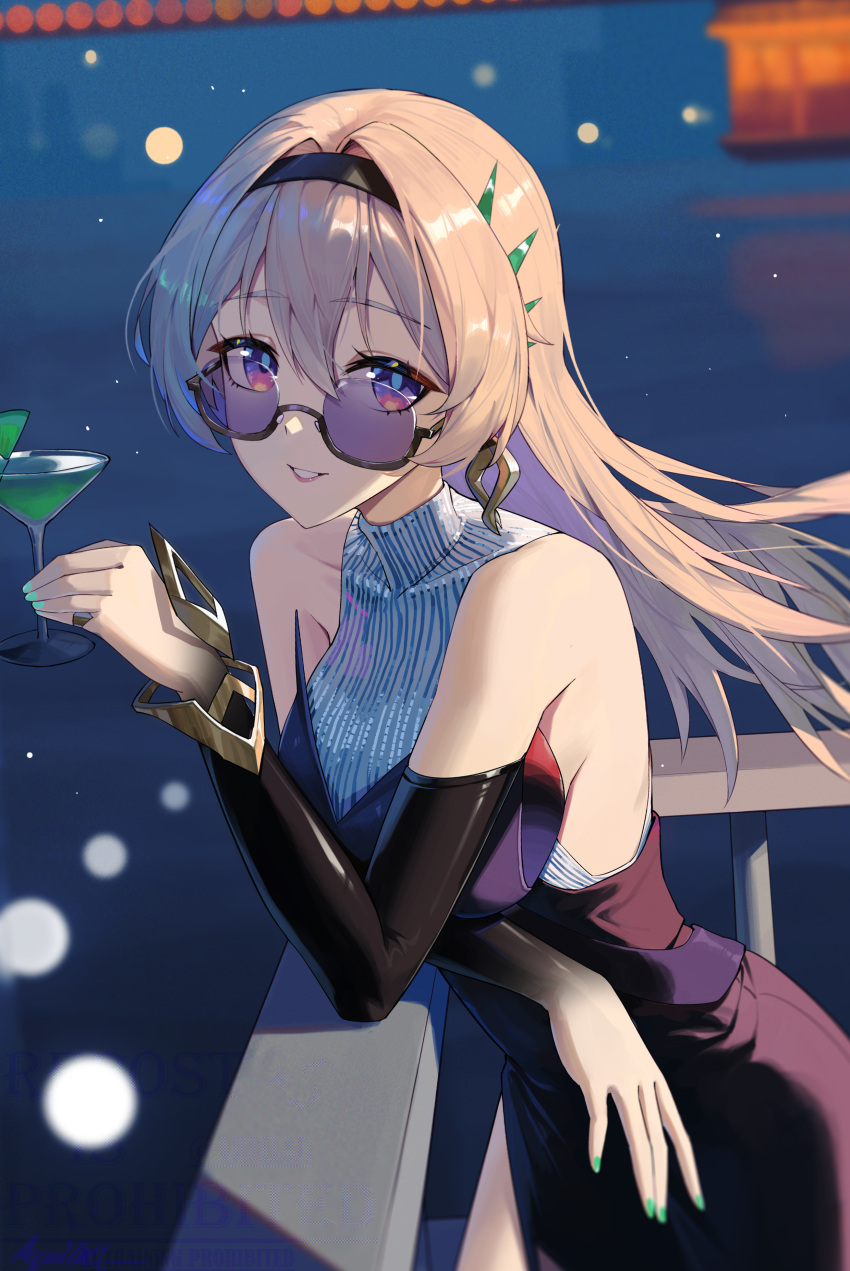 1girl, absurdres, against_railing, aquilar, black_dress, black_hairband, black_sleeves, blue_pupils