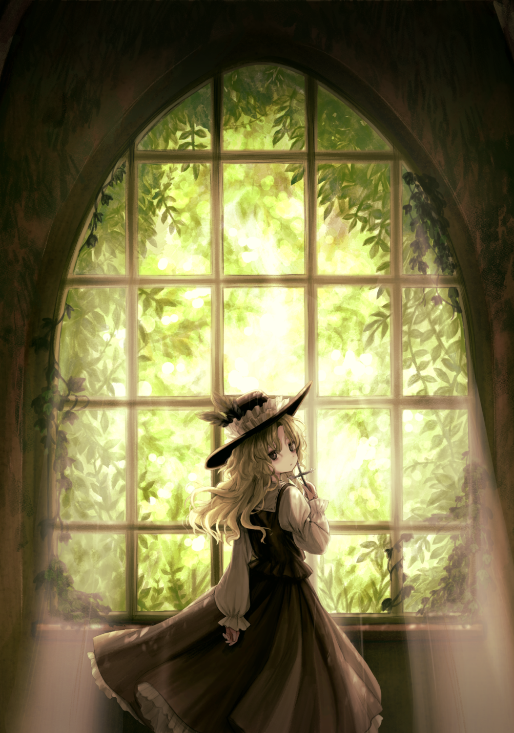 1girl, backlighting, blonde_hair, brown_eyes, brown_hat, brown_skirt, brown_vest, collared_shirt