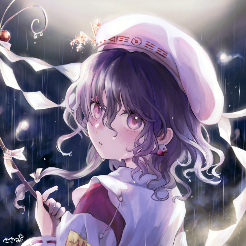 1girl, beret, branch, commentary_request, detached_sleeves, earrings, gohei, hat