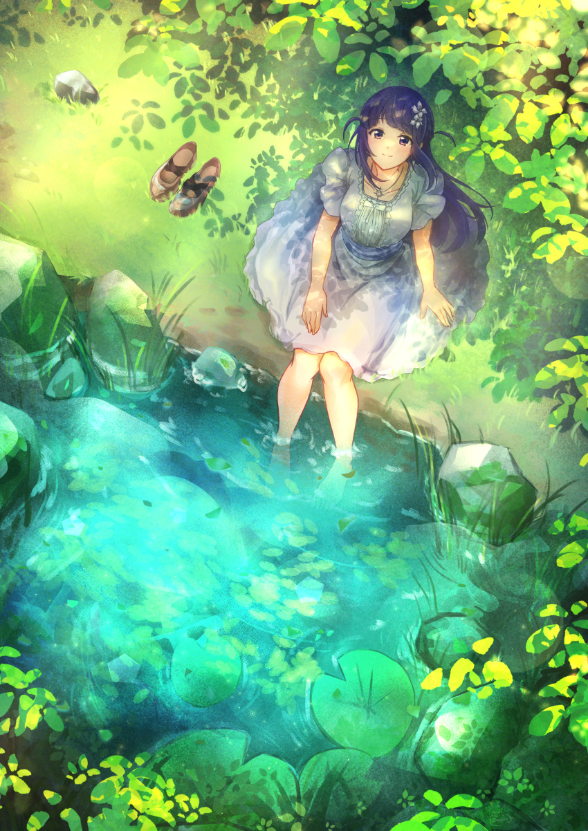 1girl, absurdres, barefoot, dress, english_commentary, flower, frilled_dress, frills, hair_flower, hair_ornament, highres, jewelry, long_hair, necklace, outdoors, pond, purple_hair, sapphi_(sky_dreamsky), shoes, short_sleeves, shoujo_kageki_revue_starlight, sitting, soaking_feet, solo, tsuyuzaki_mahiru, unworn_shoes, violet_eyes, white_dress
