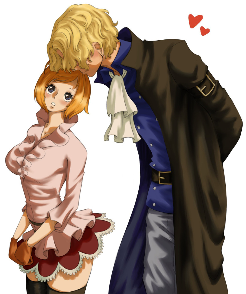 1boy, 1girl, black_coat, blonde_hair, blue_eyes, blue_shirt, blush, brown_gloves