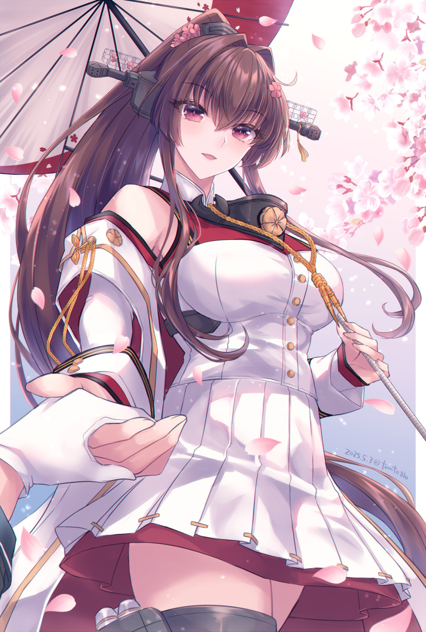 1girl, breasts, brown_eyes, brown_hair, cherry_blossoms, coat, coat_on_shoulders, collar