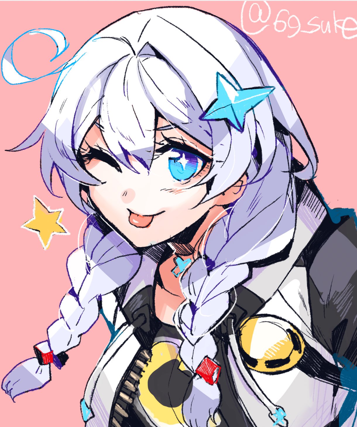 1girl, ;), ;p, ahoge, black_shirt, blue_eyes, braid, bright_pupils