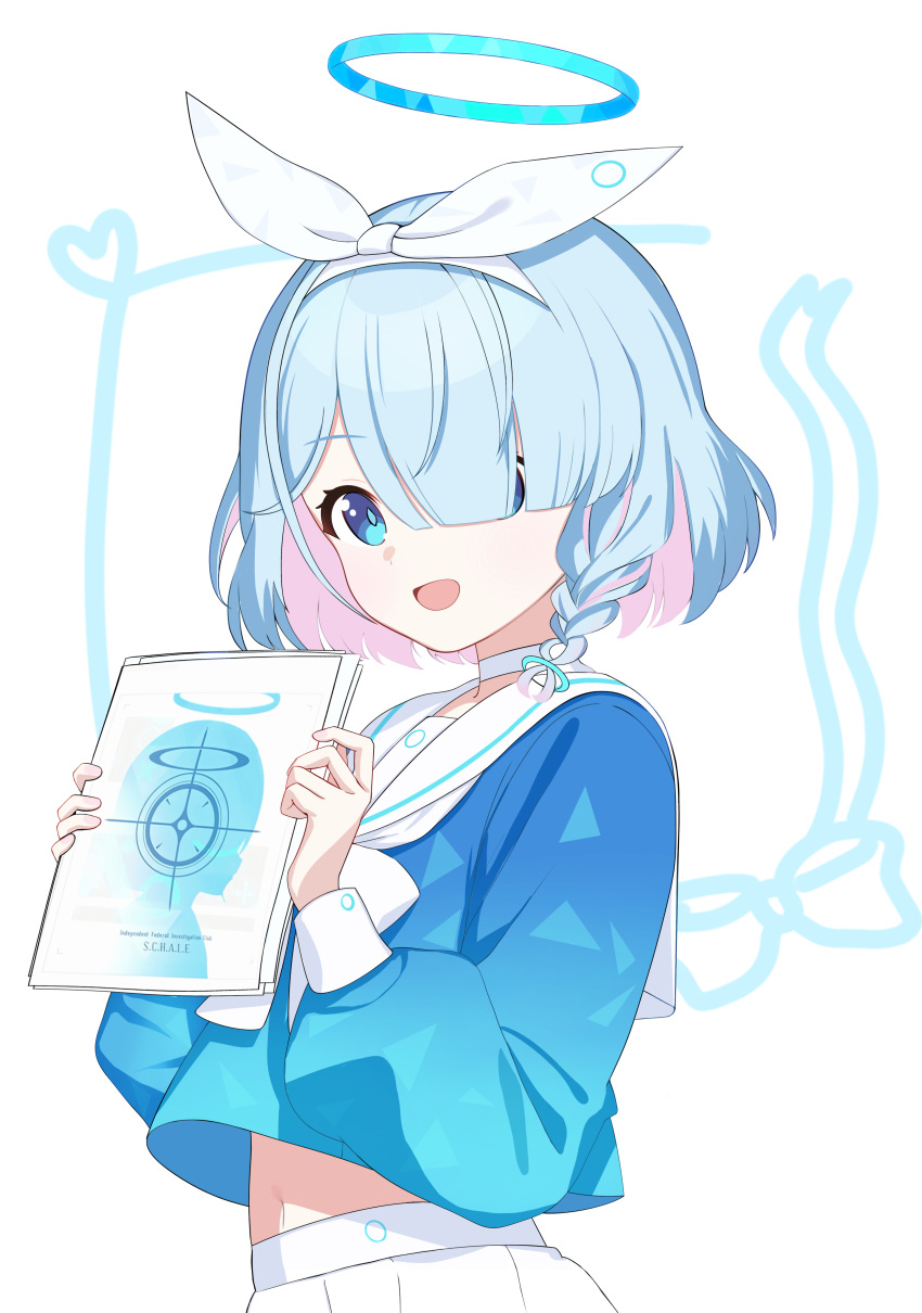 1girl, absurdres, arona_(blue_archive), blue_archive, blue_eyes, blue_hair, blue_halo, blue_shirt
