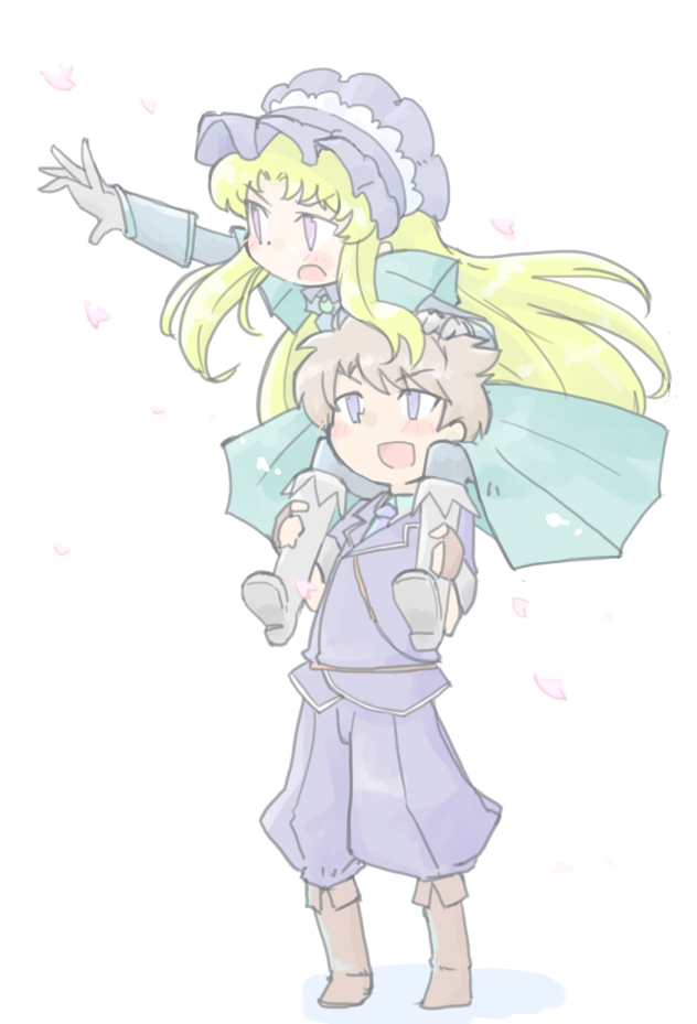 1boy, 1girl, alexander_(twin_angel_3), aqua_shirt, black_bonnet, blonde_hair, bonnet, boots, brown_boots, brown_hair, carrying, coat, collared_shirt, commentary_request, gloves, green_coat, grey_boots, grey_gloves, jacket, kaitou_tenshi_twin_angel, kazuyu_(kaban_musou), long_hair, long_sleeves, necktie, open_mouth, pants, purple_jacket, purple_necktie, purple_pants, reaching, salome_(twin_angel_3), shirt, short_hair, shoulder_carry, sidelocks, smile, twin_angel, v-shaped_eyebrows, violet_eyes
