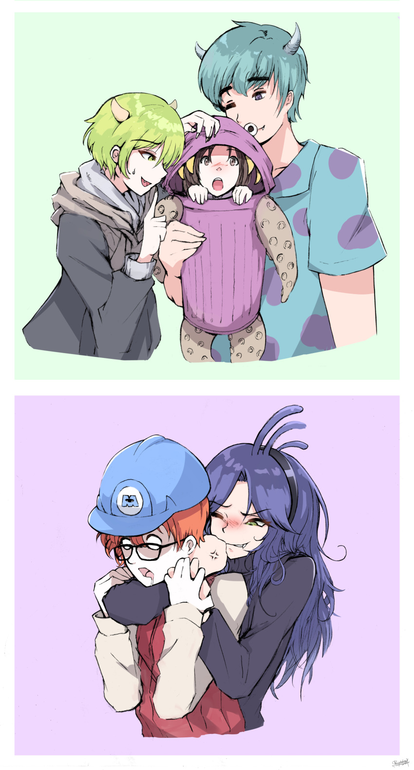 2girls, 3boys, absurdres, animification, boo_(monsters_inc.), fungus_(monsters_inc.), genderswap, genderswap_(mtf), green_hair, highres, humanization, james_p._sullivan, long_hair, male_focus, mike_wazowski, monsters_inc., multiple_boys, multiple_girls, personification, purple_hair, randall_boggs, sharp_teeth, short_hair, simple_background, smile, teeth, user_hjst2287