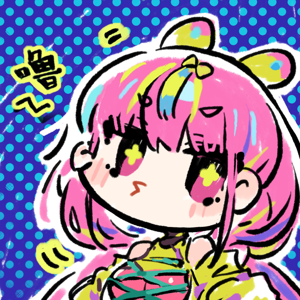 1girl, blonde_hair, blue_hair, blush_stickers, chibi, chibi_only, chinese_commentary, chinese_text