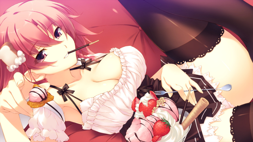 chocolate, cleavage, dutch_angle, food, fork, fruit, game_cg, hoshi_no_ouji-kun