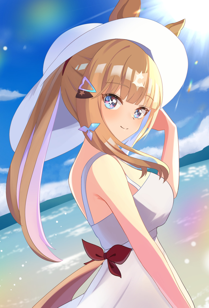 1girl, almond_eye_(umamusume), alternate_costume, animal_ears, beach, breasts, commentary_request, hair_between_eyes