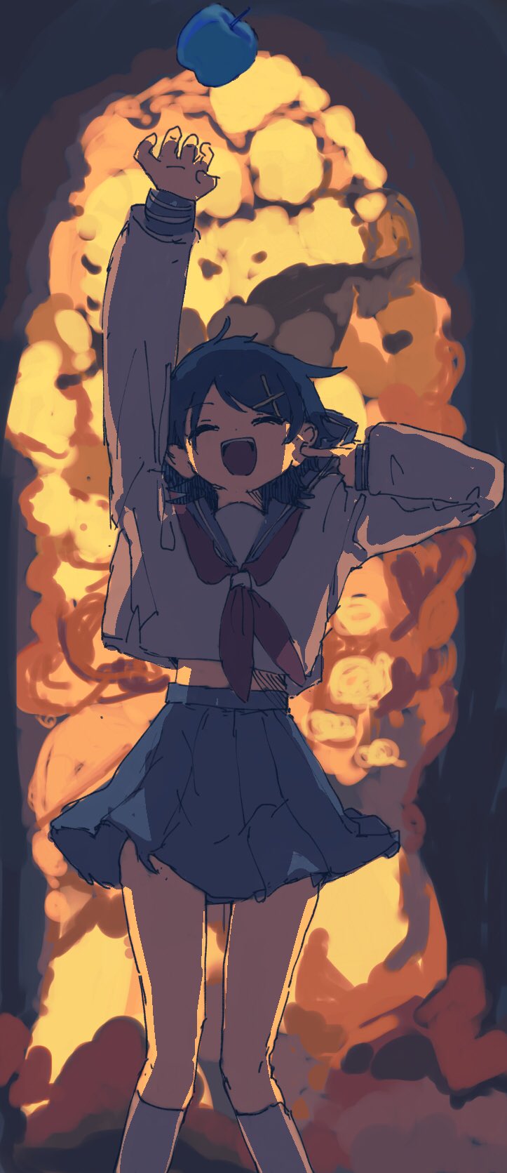 1girl, :d, apple, black_hair, blue_apple, blue_sailor_collar, closed_eyes, cross_hair_ornament