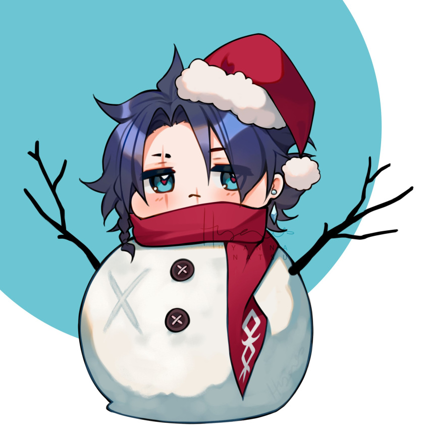 1boy, artist_name, blue_background, blue_eyes, blue_hair, braid, chibi, christmas