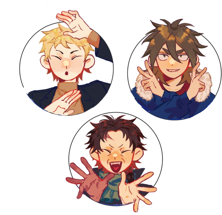3boys, arm_up, atou_haruki, black_jacket, blonde_hair, blue_jacket, brown_hair, brown_sweater