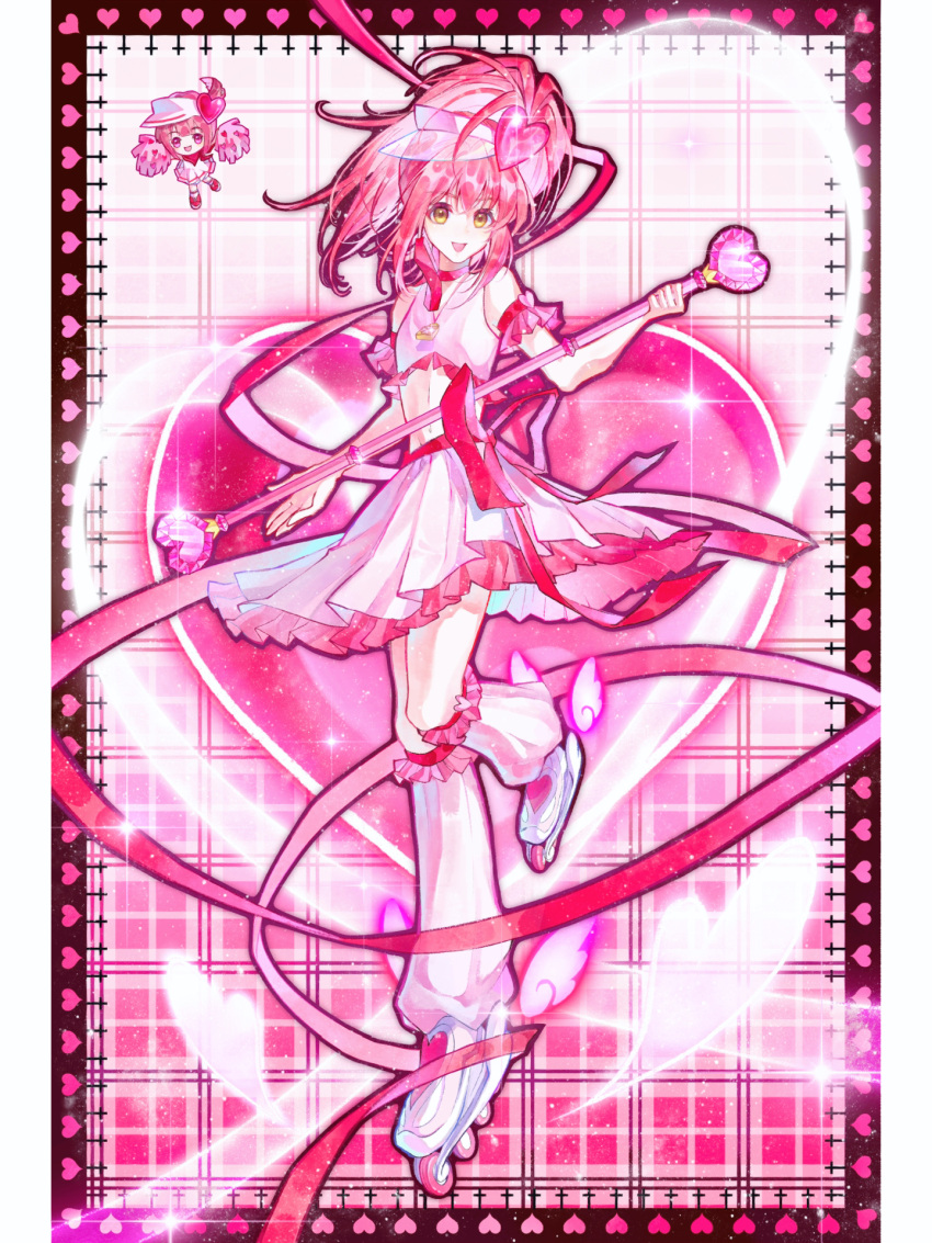 2girls, amulet_heart, bare_arms, bare_shoulders, black_border, border, cheerleader, chibi