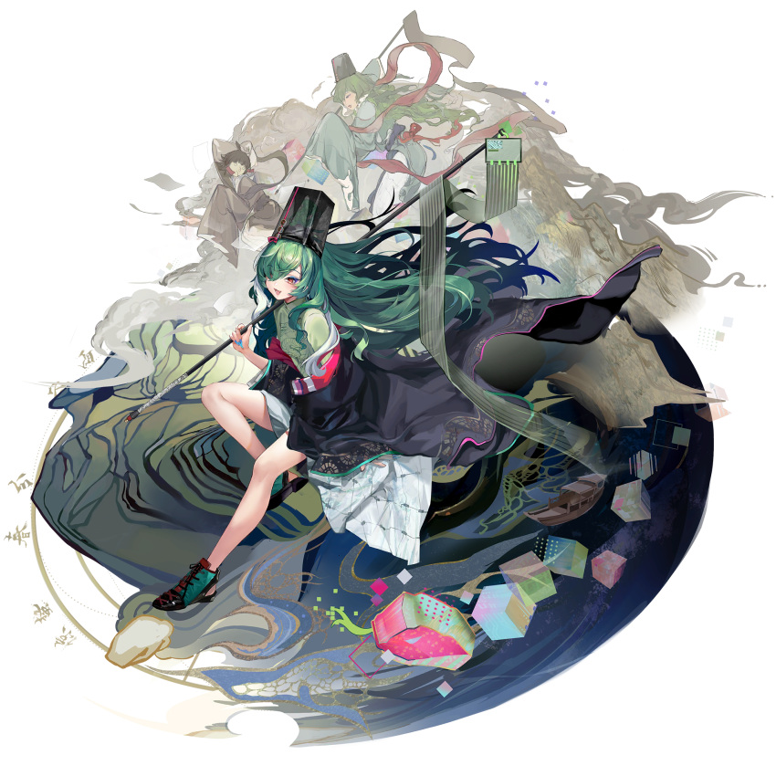 1girl, artist_request, check_artist, colored_eyelashes, dao_fu, faux_figurine, full_body, game_cg, girls'_frontline_neural_cloud, girls_frontline, good_fortune_symbol, green_hair, green_shirt, hat, highres, holding, knees_together_feet_apart, neon_(zuicongming), off_shoulder, official_art, paintbrush, red_eyes, sarong, shirt, sitting, solo, taoism, third-party_source, transparent_background, white_hair, white_sarong, wide_sleeves, zangyin_(neural_cloud)