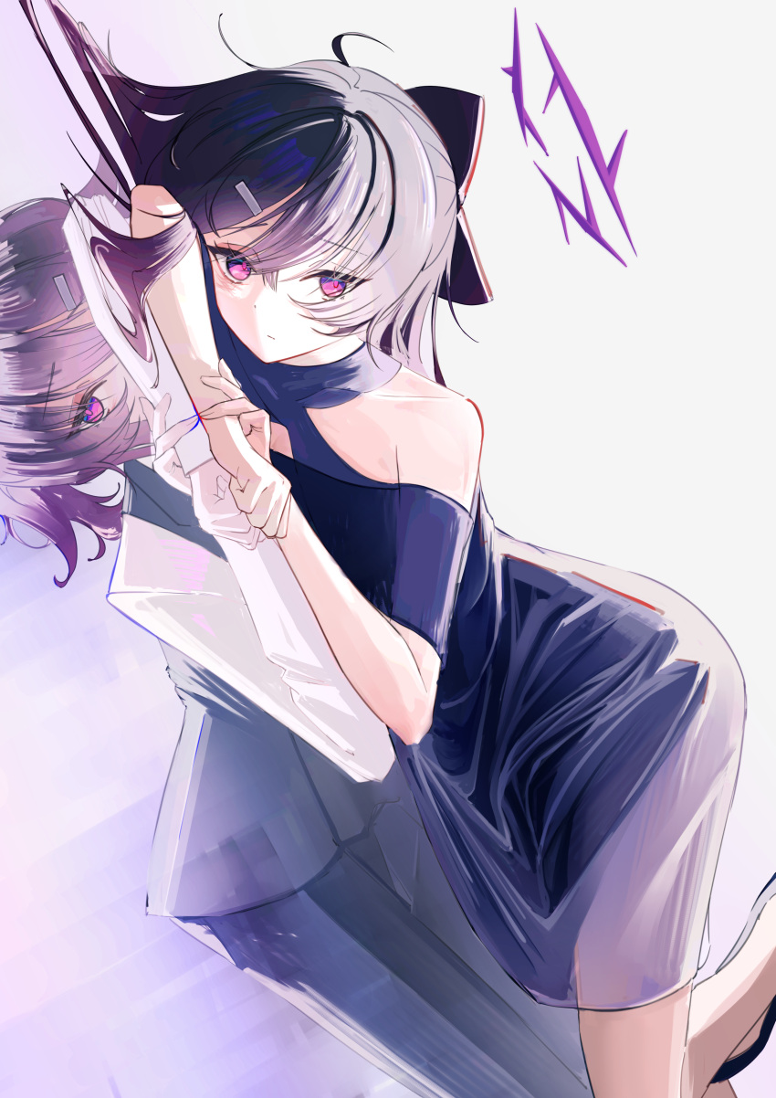 1boy, 1girl, absurdres, akatoshu, bare_shoulders, black_pants, blue_archive, bow