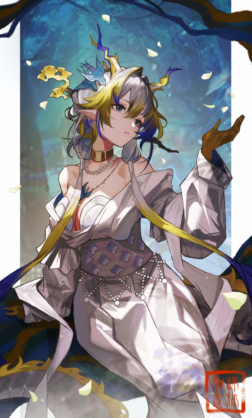 1girl, ambience_synesthesia, aqua_eyes, arknights, bare_shoulders, blonde_hair, blue_eyes, book, breasts, collar, dragon_horns, dress, eastern_dragon_tail, eyeshadow, feet_out_of_frame, gloves, grey_hair, hair_between_eyes, hair_ornament, hand_up, highres, horns, long_hair, long_sleeves, makeup, multicolored_hair, off_shoulder, parted_lips, pointy_ears, red_eyeshadow, shu_(arknights), shu_(bingwenyuyou)_(arknights), sitting, so_gudeman, solo, streaked_hair, white_dress