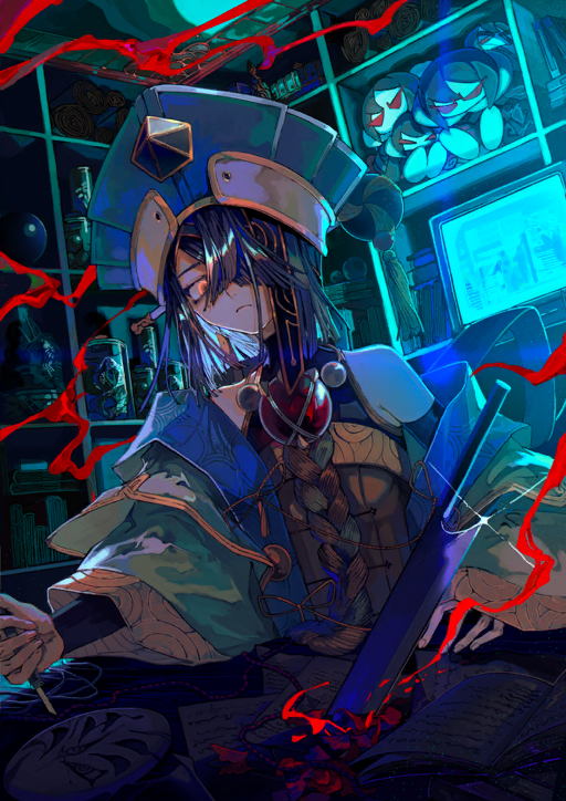 1girl, black_hair, blue_background, blue_hat, blunt_bangs, blunt_ends, book, braid